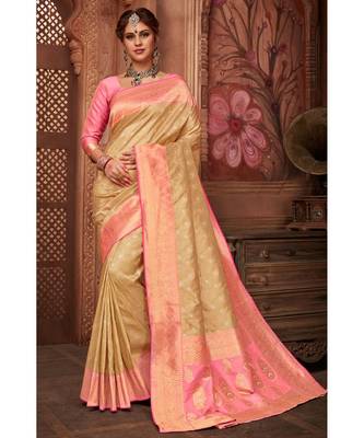 Golden beige woven tissue kanjivaram saree with blouse 1