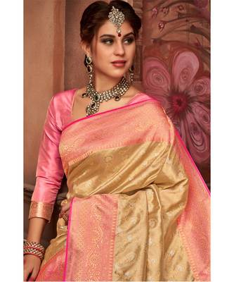 Golden beige woven tissue kanjivaram saree with blouse 2