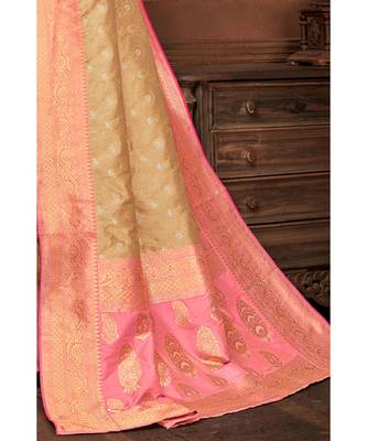 Golden beige woven tissue kanjivaram saree with blouse 3