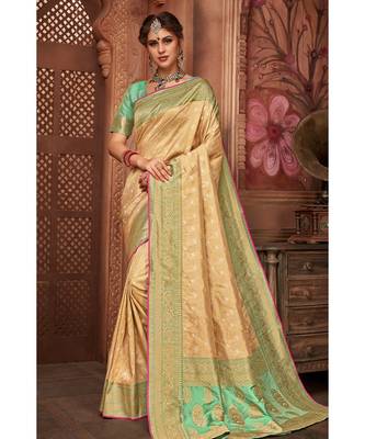 Golden beige woven tissue kanjivaram saree with blouse 1