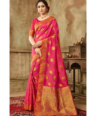 Hot pink woven kanjivaram saree with blouse 1
