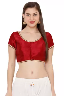 Women's Maroon Cotton Silk Round Neck Solid Readymade Saree Blouse