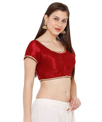 Women's Maroon Cotton Silk Round Neck Solid Readymade Saree Blouse 3