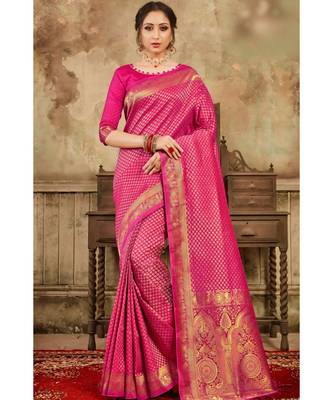 Deep pink woven kanjivaram saree with blouse 1