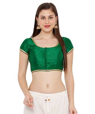 Women's Green Cotton Silk Round Neck Solid Readymade Saree Blouse 1
