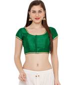 Women's Green Cotton Silk Round Neck Solid Readymade Saree Blouse