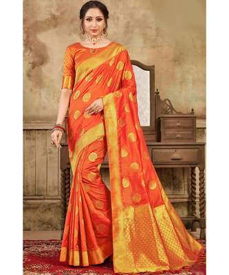 Sunrise orange woven kanjivaram saree with blouse 1