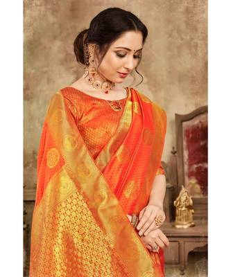 Sunrise orange woven kanjivaram saree with blouse 2