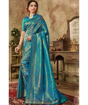 Bright blue woven kanjivaram saree with blouse 1