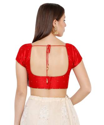 Women's Red Dupion Silk Square Neck Solid Readymade Saree Blouse 2