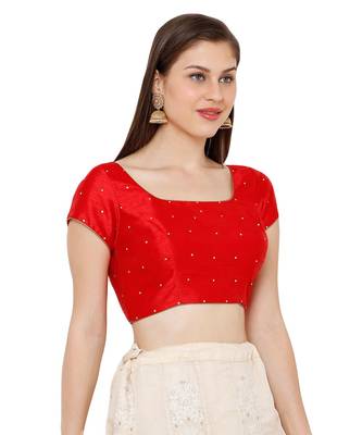 Women's Red Dupion Silk Square Neck Solid Readymade Saree Blouse 3