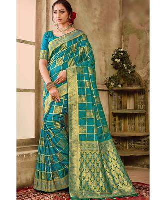 Blue green woven kanjivaram saree with blouse 1