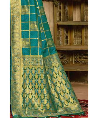 Blue green woven kanjivaram saree with blouse 2