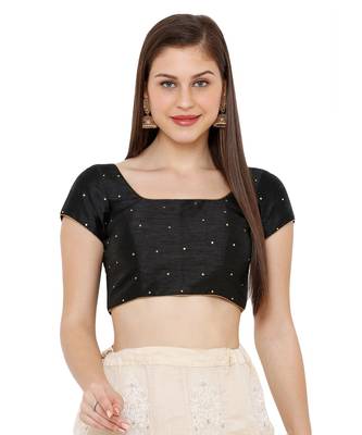 Women's Black Dupion Silk Square Neck Solid Readymade Saree Blouse 1