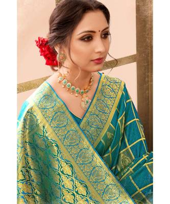 Blue green woven kanjivaram saree with blouse 3