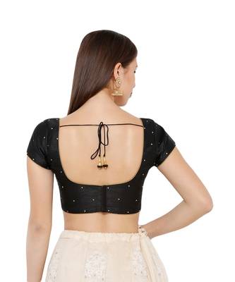 Women's Black Dupion Silk Square Neck Solid Readymade Saree Blouse 2