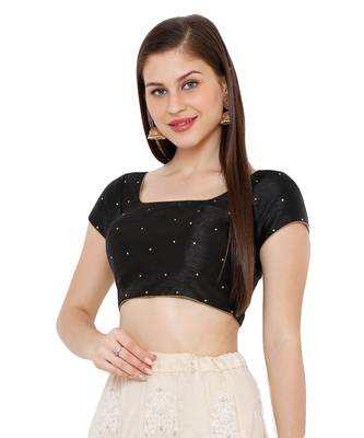 Women's Black Dupion Silk Square Neck Solid Readymade Saree Blouse 3