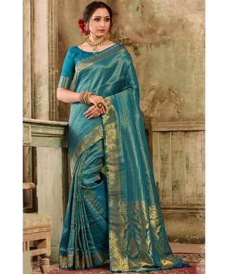 Deep blue woven kanjivaram saree with blouse 1