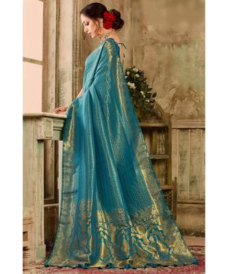 Deep blue woven kanjivaram saree with blouse 3