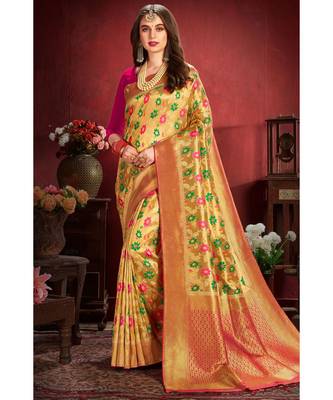 Golden beige woven tissue kanjivaram saree with blouse 1