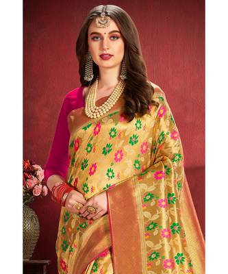 Golden beige woven tissue kanjivaram saree with blouse 2