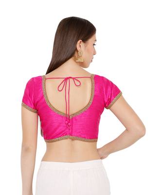 Women's Pink Dupion Silk Solid Round Neck Readymade Saree Blouse 2