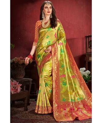 Greenish golden woven tissue kanjivaram saree with blouse 1