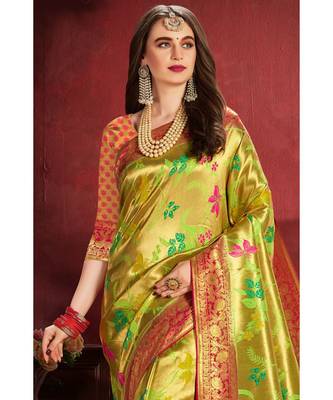 Greenish golden woven tissue kanjivaram saree with blouse 2