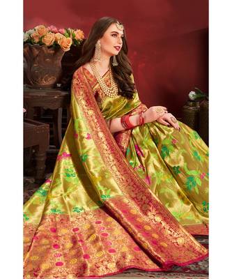Greenish golden woven tissue kanjivaram saree with blouse 4