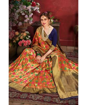 Golden blue woven tissue kanjivaram saree with blouse 2