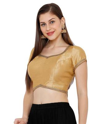 Women's Gold Dupion Silk Solid Round Neck Readymade Saree Blouse 3