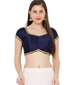 Women's Navy Blue Dupion Silk Solid Round Neck Readymade Saree Blouse