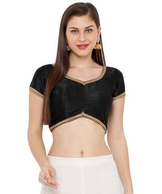 Women's Black Dupion Silk Solid Round Neck Readymade Saree Blouse 1