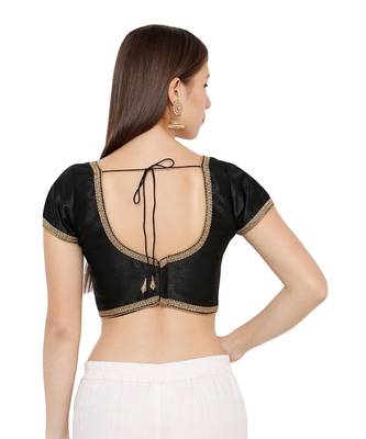 Women's Black Dupion Silk Solid Round Neck Readymade Saree Blouse 2