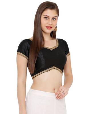 Women's Black Dupion Silk Solid Round Neck Readymade Saree Blouse 3