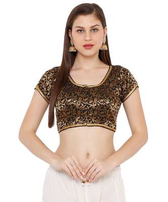 Women's Black Cotton Silk Brocade Round Neck Readymade Saree Blouse 1