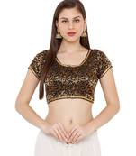 Women's Black Cotton Silk Brocade Round Neck Readymade Saree Blouse