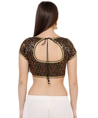 Women's Black Cotton Silk Brocade Round Neck Readymade Saree Blouse 2