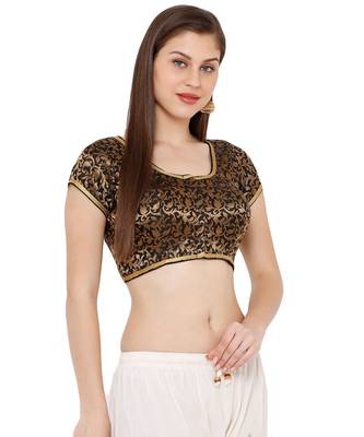 Women's Black Cotton Silk Brocade Round Neck Readymade Saree Blouse 3