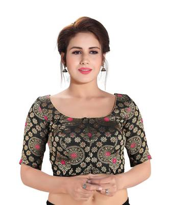 Women's Black Dupion Silk Brocade Party Wear Readymade Saree Blouse 1