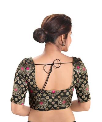 Women's Black Dupion Silk Brocade Party Wear Readymade Saree Blouse 2