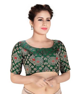 Women's Green Dupion Silk Brocade Party Wear Readymade Saree Blouse 1