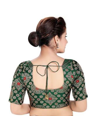 Women's Green Dupion Silk Brocade Party Wear Readymade Saree Blouse 2
