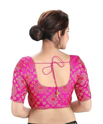 Women's Pink Dupion Silk Brocade Party Wear Readymade Saree Blouse 2