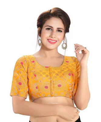 Women's Yellow Dupion Silk Brocade Party Wear Readymade Saree Blouse 1