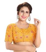 Women's Yellow Dupion Silk Brocade Party Wear Readymade Saree Blouse