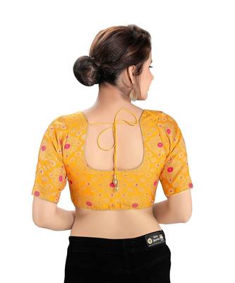 Women's Yellow Dupion Silk Brocade Party Wear Readymade Saree Blouse 2