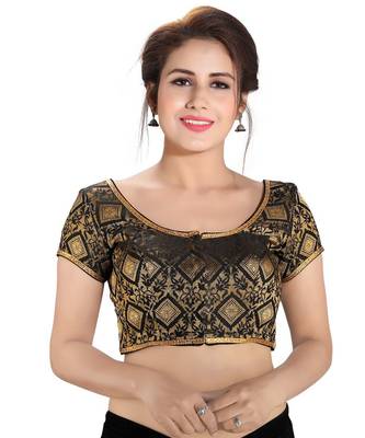Women's Black Dupion Silk Brocade Party Wear Readymade Saree Blouse 1