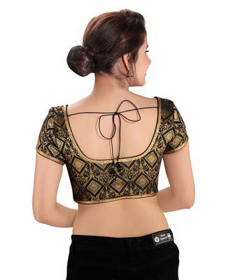 Women's Black Dupion Silk Brocade Party Wear Readymade Saree Blouse 2