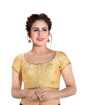 Women's Gold Dupion Silk Brocade Party Wear Readymade Saree Blouse 1